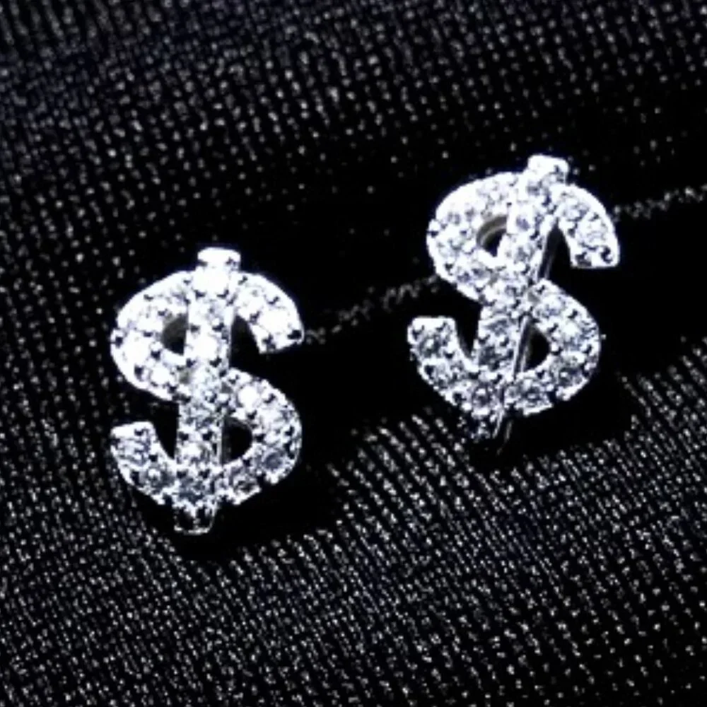 🆕 Dollar Sign Diamond Studded Earrings, 18K White Gold Hypoallergenic 🆕